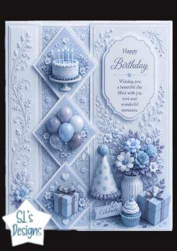 Blue Birthday Cake & Diamond Panels – Elegant Celebrate Your Special Day Card Front