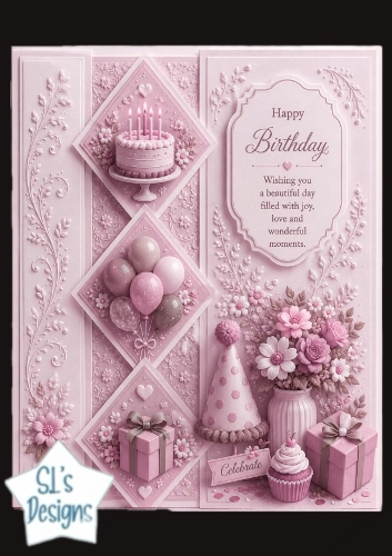 Pink Birthday Cake & Diamond Panels – Elegant Celebrate Your Special Day Card Front