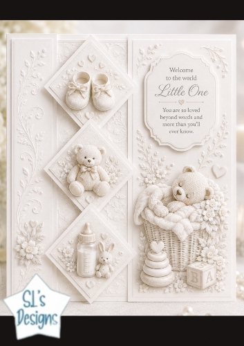 Cream Baby Shoes & Teddy Panels – Sweet Welcome Little One Card Front