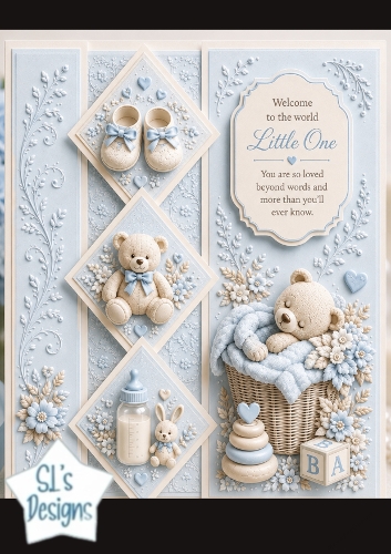 Blue Baby Shoes & Teddy Panels – Sweet Welcome Little One Card Front