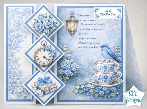 Bluebird Teacups & Blue Roses Sentimental Mom Card Front