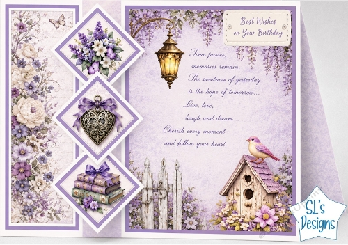 Lavender Birdhouse Birthday Easel Card Kit with Floral Diamond Panels, Vintage Lantern & Purple Cottage Garden Scene