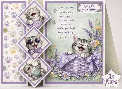 Playful Kittens & Lavender Basket Birthday Card Front
