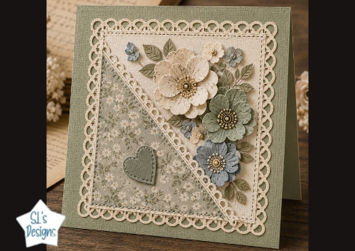 Elegant Blue & Green Floral Card Front – Layered 3D Flowers & Heart Panel