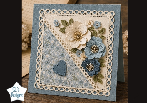 Elegant Blue & Green Floral Card Front – Layered 3D Flowers & Heart Panel