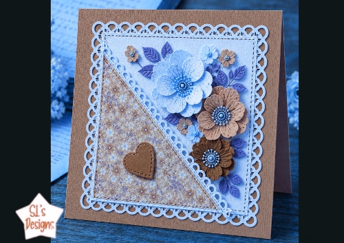 Blue & Brown Floral Card Front – Elegant Layered 3D Flowers & Heart Panel