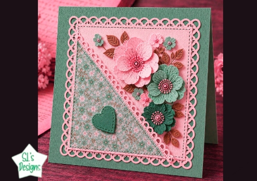 Pink & Green Floral Card Front – Elegant Layered 3D Flowers & Heart Panel