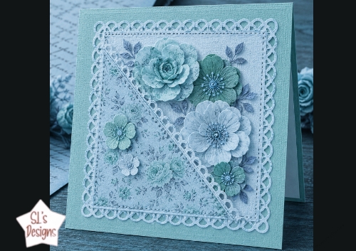Teal & Mint Floral Card Front – Elegant Layered 3D Flowers & Lace Frame
