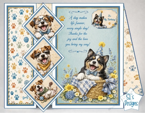 Playful Dogs & Party Basket Birthday Card Front