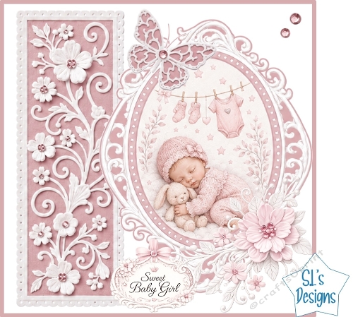 Sleeping Baby Girl & Pink Floral Sweet Baby Card Front