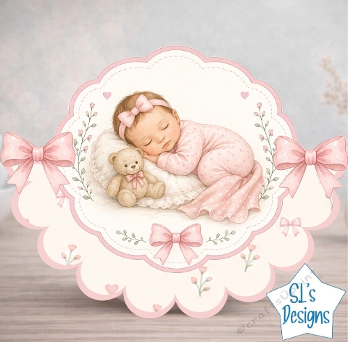 cup1444669_135813 - Sleeping Baby Girl Pink Bow & Teddy Card Front