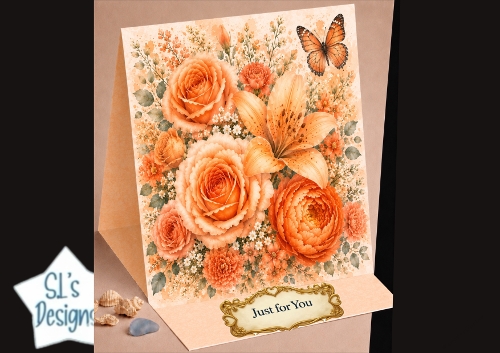 Orange Rose & Butterfly Card Front – Elegant 3D Floral Topper