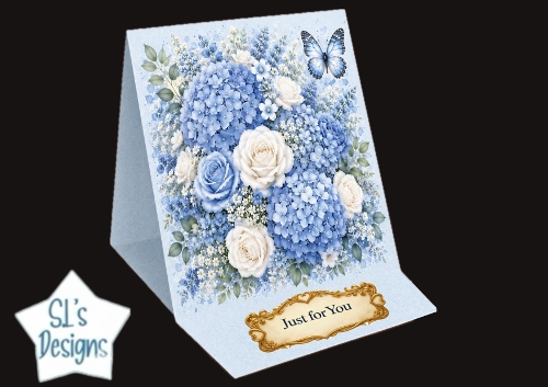 Blue Hydrangea & White Rose Card Front – Elegant Floral Topper with Butterfly
