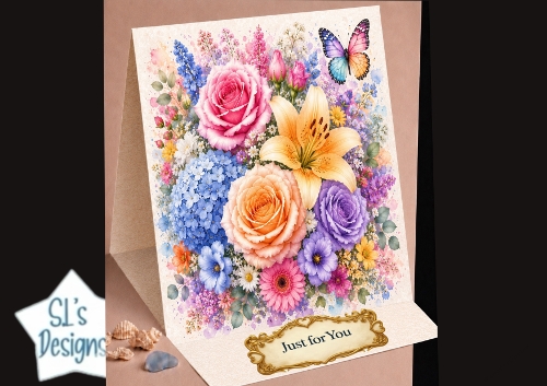cup1444731_135813 - Vibrant Mixed Floral Card Front – Colorful Roses, Lilies & Butterfly Topper
