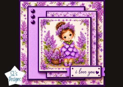 Lilac Flower Fairy Card Front – Cute Child Illustration & Purple Floral Topper