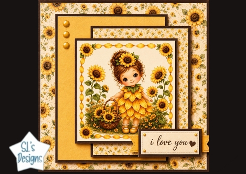 Sunflower Fairy Card Front – Cute Child Illustration & Bright Floral Topper
