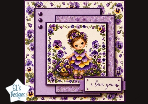 Pansy Flower Fairy Card Front – Cute Child Illustration & Purple‑Yellow Floral Topper