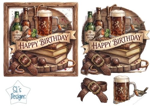 Rustic Pub Birthday Card Front – Beer, Books & Vintage Masculine Topper