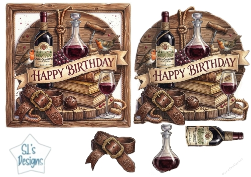 Wine & Rustic Birthday Card Front – Red Wine, Books & Vintage Masculine Topper