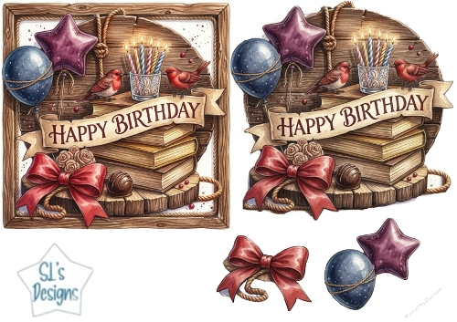 Rustic Birthday Card Front – Books, Candles, Birds & Festive Balloons