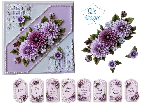 Purple Floral Layered Card Front – Elegant Flower Printable with Sentiment Tags