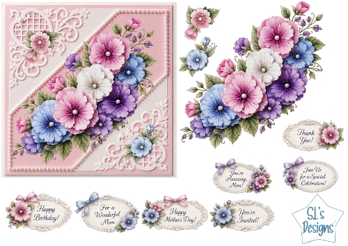 Pink & Purple Floral Lace Card Front – Elegant Flower Printable with Sentiment Tags