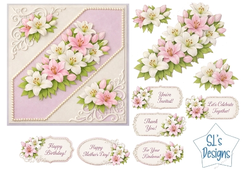 Pink & White Lily Floral Card Front – Elegant Lavender Printable with Sentiment Tags