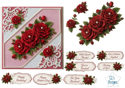 Red Rose Diagonal Floral Card Front – Elegant Romantic Printable with Sentiment Tags