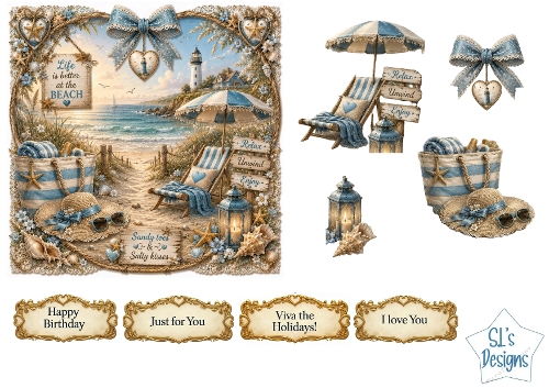 Beach Escape Heart Frame Card Front – Coastal Seaside Printable with Sentiment Labels