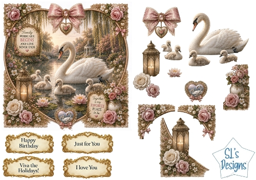 Swan Family on Romantic Lake Floral Heart Card Front