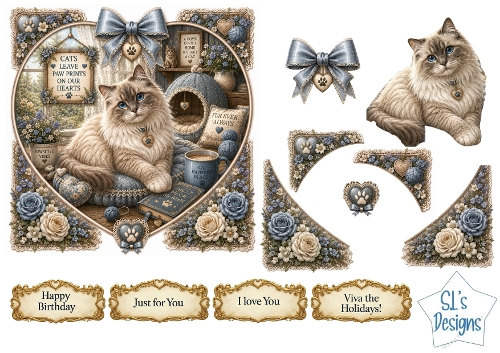 Cozy Blue Cat Heart Frame Card Front – Cute Furry Friend Printable with Sentiment Labels