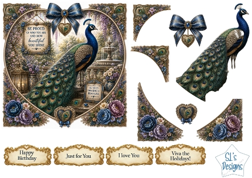 Majestic Peacock Heart Frame Card Front – Elegant Blue & Gold Printable with Sentiment Labels