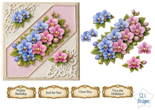 Pink & Blue Floral Diagonal Card Front – Elegant Flower Printable with Sentiment Labels