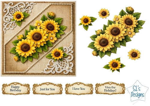 Sunflower Diagonal Floral Card Front – Bright Yellow Printable with Sentiment Labels