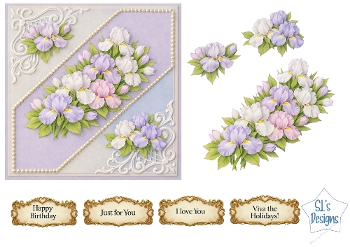 Pastel Floral Diagonal Card Front – Soft Lavender & Blue Printable with Sentiment Labels
