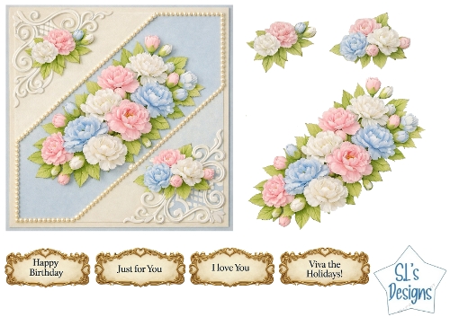 Pastel Blue Floral Diagonal Card Front – Soft Pink & White Printable with Sentiment Labels