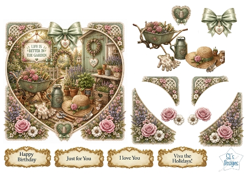 Vintage Garden Heart Frame Card Front – Floral Wheelbarrow Printable with Sentiment Labels