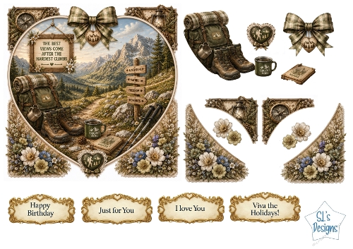 Vintage Hiking Adventure Heart Frame Card Front – Mountain Trail Printable with Sentiment Labels