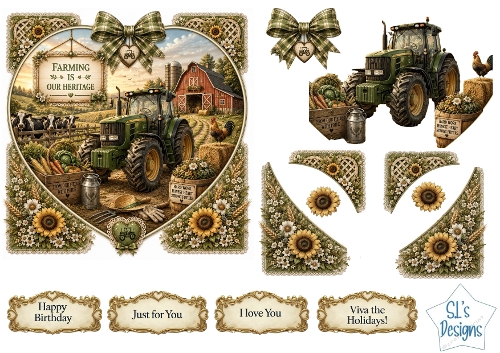 Vintage Farm Heart Frame Card Front – Tractor & Country Life Printable with Sentiment Labels