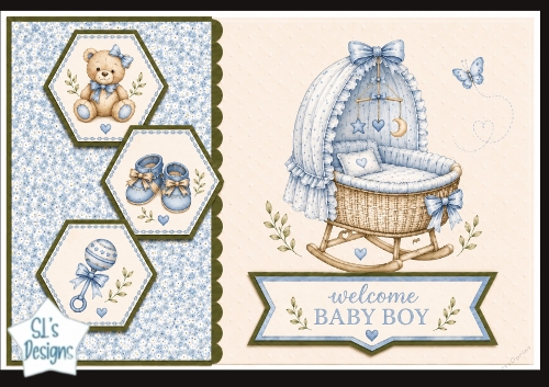 Welcome Baby Boy Cradle & Hexagon Panels – Blue Pastel Newborn Card Topper
