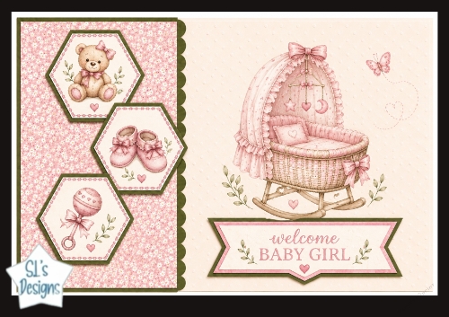 Welcome Baby Girl Cradle & Pink Hexagon Panels – Newborn Card Topper
