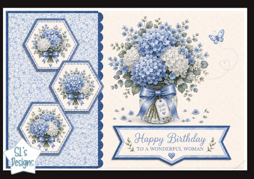 Blue Hydrangea Vase & Hexagon Panels – Happy Birthday to a Wonderful Woman Topper