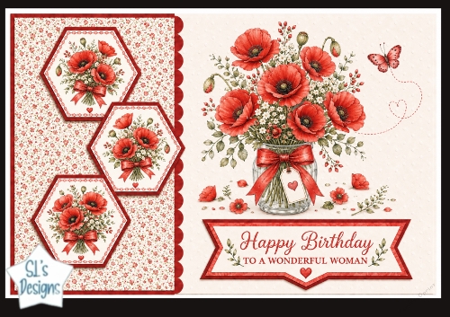 Red Poppy Bouquet & Hexagon Panels – Happy Birthday to a Wonderful Woman Topper