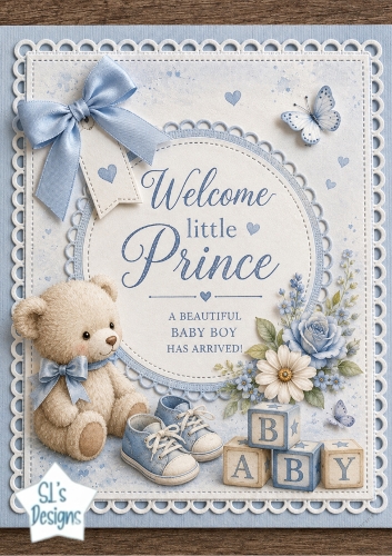 Welcome Little Prince – Blue Teddy & Baby Shoes Newborn Announcement Topper