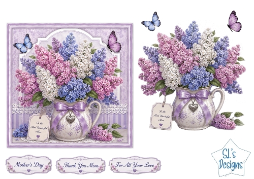 Lilac Bouquet in Pitcher Card Front – Elegant Mothers Day Printable with Sentiment Labels