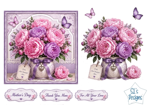 Peony Floral Vase Card Front – Elegant Mothers Day Printable with Sentiment Labels