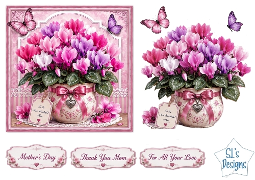 Cyclamen Floral Pot Card Front – Elegant Mothers Day Printable with Sentiment Labels