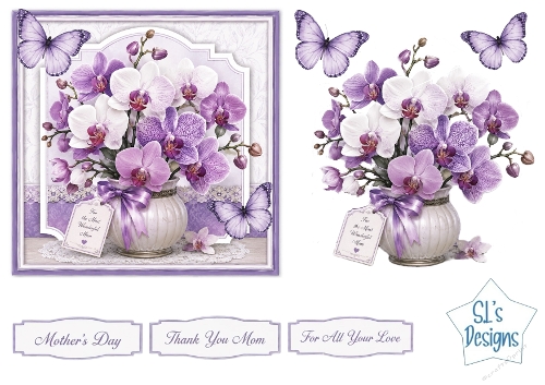 Orchid Floral Vase Card Front – Elegant Mothers Day Printable with Sentiment Labels