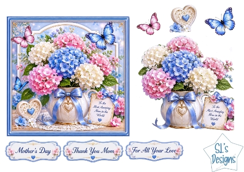 Hydrangea Floral Vase Card Front – Elegant Mothers Day Printable with Sentiment Labels