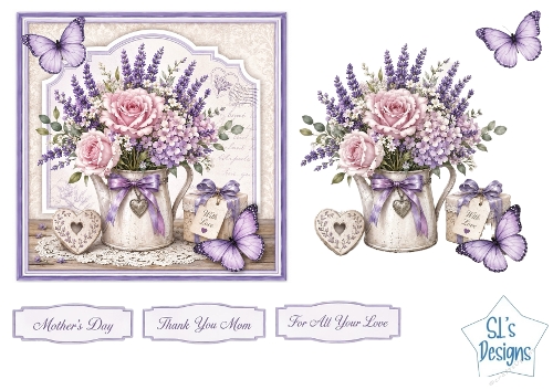 Rustic Rose & Lavender Pitcher Card Front – Elegant Mothers Day Printable with Sentiment Labels